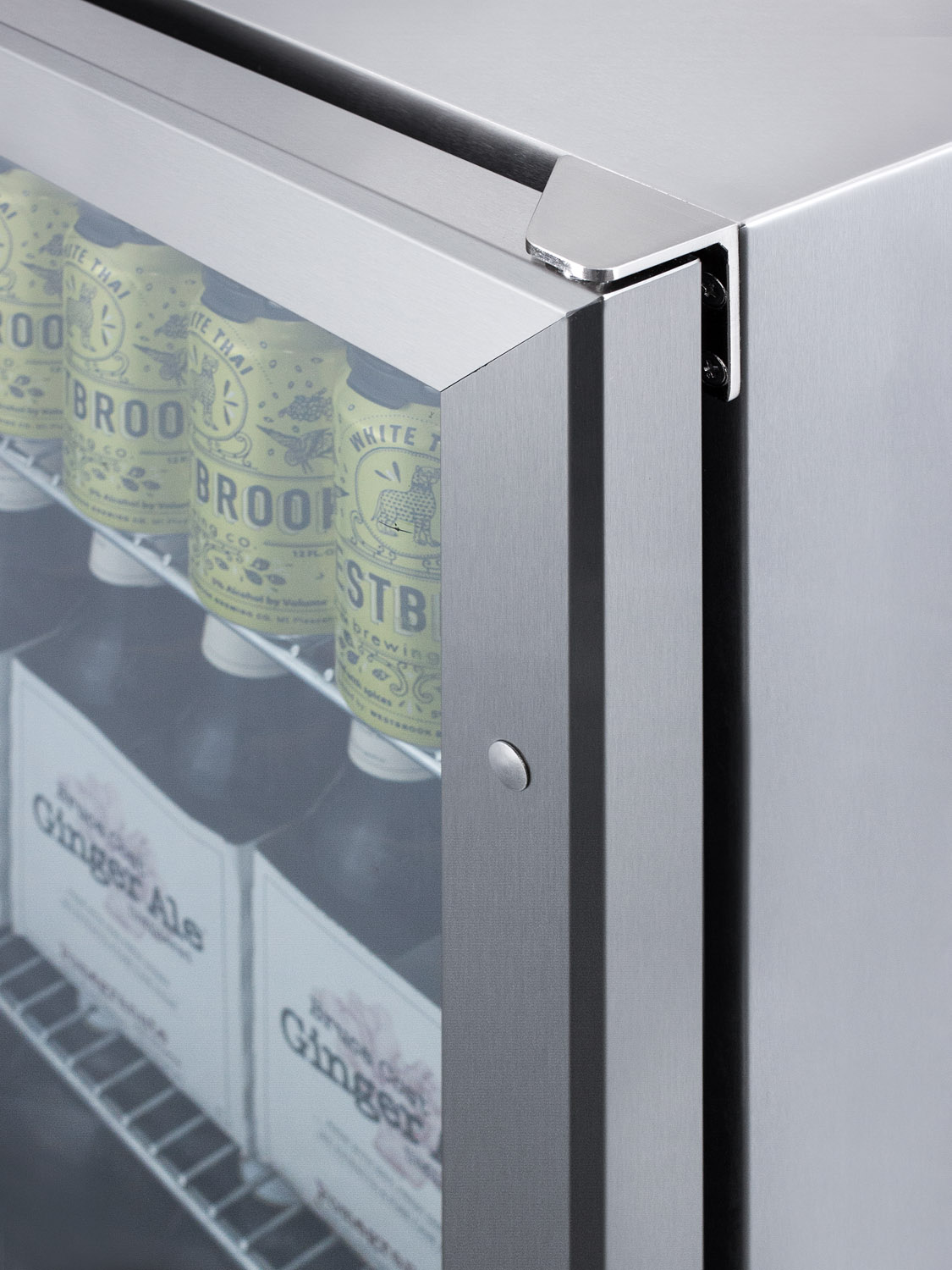 Outdoor built-in undercounter commercial glass door beverage center designed for the display and refrigeration of beverages and sealed food, with stainless steel interior and exterior cabinet